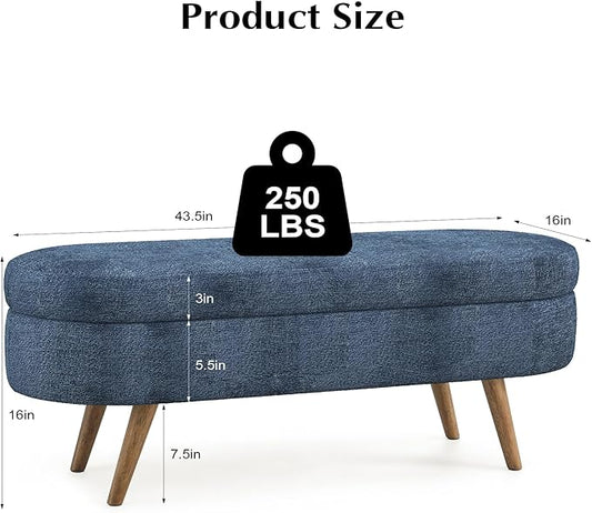 Storage Ottoman Bench 43" Storage Bench for Bedroom, Upholstered Soft Boucle Fabric End of Bed with Safety Hinge Solid Wood Legs Foot Stool Benches for Hallway,Closet,Oval, Entryway, Dark Blue