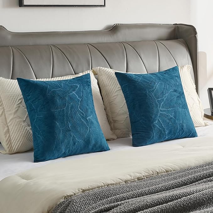 FUTEI Navy Blue Velvet Throw Pillow Covers 24x24 Inch Set of 2,Soft Embossed Leaf-Relief Textured European Cushion Cases,Natural Home Decor for Couch Living Room