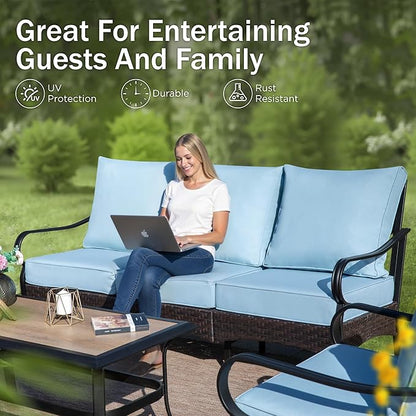 PHI VILLA Patio Furniture Set with 56" Fire Pit Table, Premium Outdoor Wicker Metal Frame Furniture with Upgraded Waterproof Thick Cushions for Porch, Poolside, Deck, and Yard
