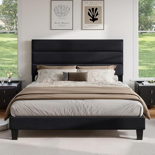 AMERLIFE Queen Size Bed Frame with Linen Upholstered Headboard, Modern Platform Bed with Wooden Slats Support, Noise-Free, No Box Spring Needed, Easy Assembly, Black