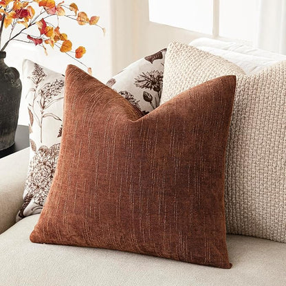 Foindtower Pack of 2 Soft Textured Chenille Throw Decorative Pillow Covers Square Accent Solid Cushion Cover Cozy Neutral Farmhouse Pillow Case for Couch Sofa Bedroom Living Room 24x24 Inch,Red Taupe
