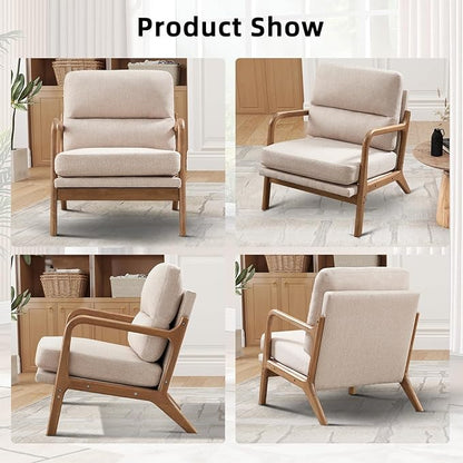 Mid Century Modern Accent Chair Set of 2, Linen Fabric Upholstered Lounge Arm Chair with Solid Wood Frame and Soft Cushion for Living Room, Bedroom, Balcony (1, Beige)
