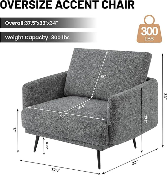 Oversized Accent Chair for Living Room Chairs Reading Arm Chair Comfy Modern Single Sofa Side Chairs with Metal Legs & Soft Cushion for Bedroom, Waiting Room (Chenille Dark Grey, Set of 1)