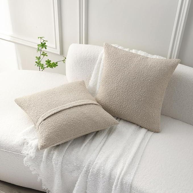 FUTEI Pack of 2 Beige Decorative Throw Pillow Covers 20x20 Inch Soft Cozy Solid Boucle Textured Cushion Case,Modern Home Decor for Couch Bed Living Room