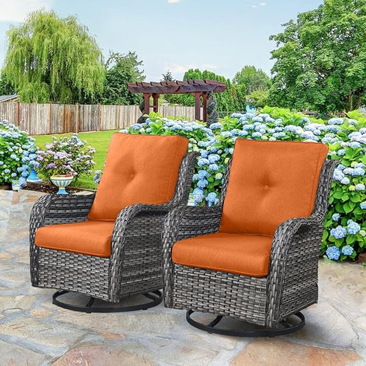 HUMMUH 3-Piece Swivel Rocking Rattan Chair Outdoor, Patio Bistro Furniture Conversation Set, Cushioned Wicker Chair with Glass Coffee Table(Grey, Orange)