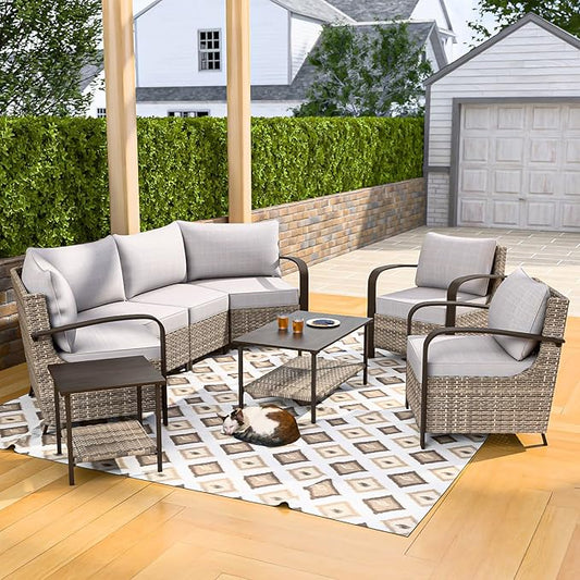 COOS BAY Aurora Terrace Half-Moon Outdoor Furniture Set, Rattan Conversation Set with Patio Chairs, Curved 4-Seat Sofa, Coffee Table & Side Table, Seats 6, Beige/Beige