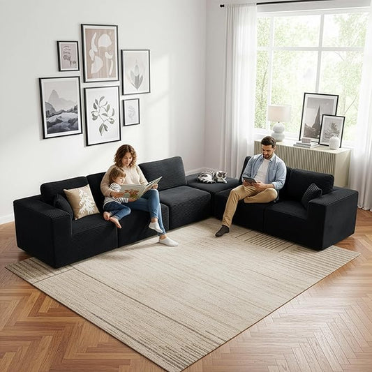Cloud Modular Sectional Sofa Couch,L-Shape Modern Boneless Sectional Couch with Deep Seat,Upholstered Couches for Living Room Bedroom,No Assembly Required,Black
