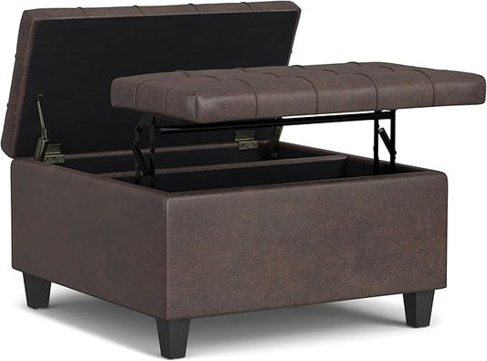 SIMPLIHOME Harrison 30 inch Wide Transitional Square Small Coffee Table Storage Ottoman in Distressed Brown Vegan Faux Leather, Assembled, for The Living Room and Bedroom