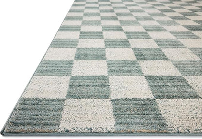 Loloi Chris Loves Julia Calvin Collection CLV-01 Blue/Ivory 5'-3" x 5'-3" Round Area Rug Checkered Neutral Soft Living Room Bedroom Carpet