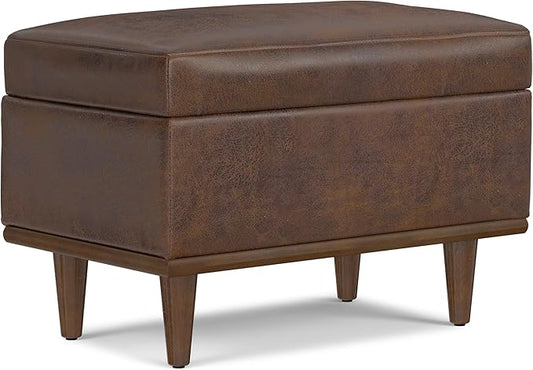 SIMPLIHOME Shiloh 26 inch Wide Transitional Contemporary Small Storage Ottoman in Distressed Chestnut Brown Vegan Faux Leather, Assembled, for The Living Room, Entryway and Family Room