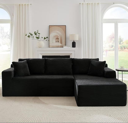 Cloud Sectional Couch, Corduroy Modular Sectional Sofa with L-Shape Chaise, Modern Boneless Couch Comfy Deep Seat for Living Room, Bedroom, Apartment, No Assembly (Black, Right Facing Chaise)