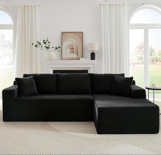 Cloud Sectional Couch, Corduroy Modular Sectional Sofa with L-Shape Chaise, Modern Boneless Couch Comfy Deep Seat for Living Room, Bedroom, Apartment, No Assembly (Black, Right Facing Chaise)
