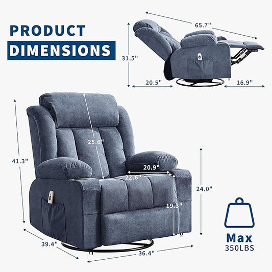 Rocking Recliner Chair with Heat and Massage, Nursery Recliner 360° Swivel Oversized Chairs for Adults, Lazy Boy Single Sofa Seat with 3 Positions, 2 Side Pockets, Cup Holders, and USB Ports, Blue