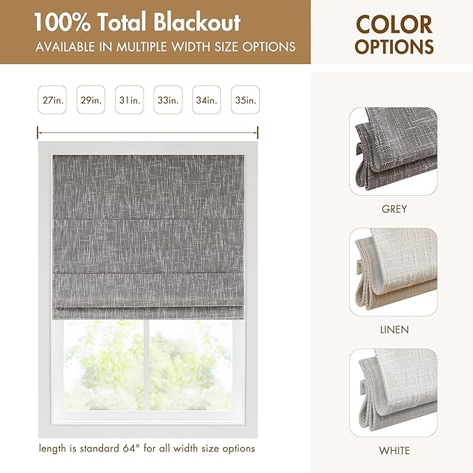 Madison Park Cordless Roman Shades, Total Blackout Window Blind Privacy Window Shades, Thermal Insulated Cordless Window Treatment for Bedroom, Living Room, Quincy, Single Panel 29" W X 64" H Grey