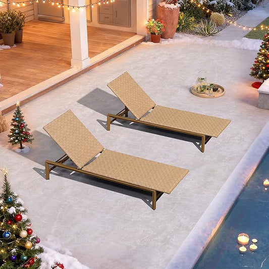PURPLE LEAF Patio Chaise Lounge Rattan Chair Set of 2 Outdoor Pool Adjustable Recliner Wicker Chairs for Outside Woven Furniture Tanning Poolside Lounger Sand Brown