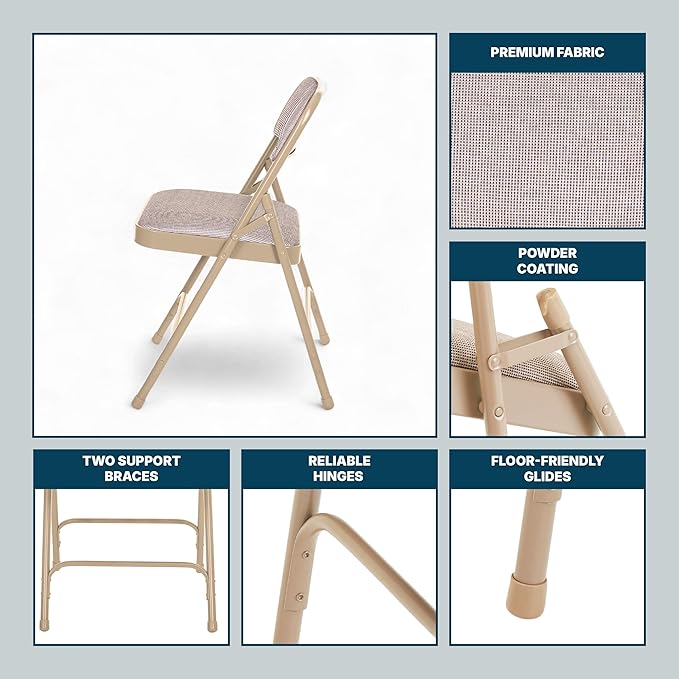 OEF Furnishings OEF2200 Series Heavy-Duty Premium Fabric Padded Upholstery Double-Hinged Folding Chairs (4-Pack, French Beige)
