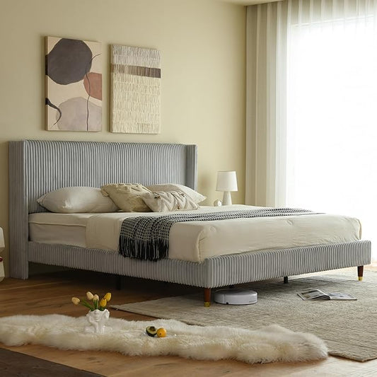 PINJU King Size Bed Frame, Upholstered Platform Bed with Modern Vertical Striped Wingback Headboard with Wooden Slats, Easy to Assemble No Noise Free (Grey, King (U.S. Standard))
