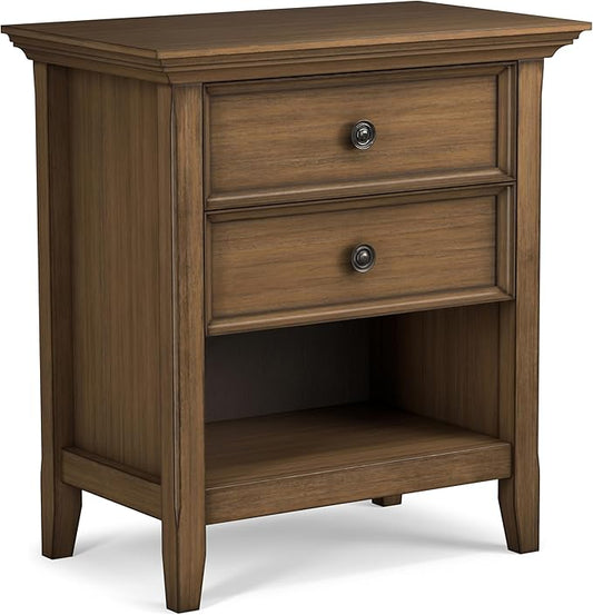 SIMPLIHOME Amherst Bedside Table - 24 inch Wide Solid Wood Nightstand Table in Rustic Natural Aged Brown, Transitional Bedroom Side or End Table with 2 Drawers, Open Storage Shelf and Bronze Hardware