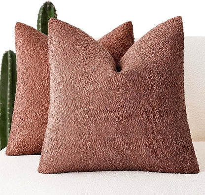 Foindtower Pack of 2 Textured Boucle Throw Pillow Covers Accent Solid Pillow Cases Cozy Soft Decorative Couch Cushion Case for Chair Sofa Bedroom Living Room Home Decor 18x18 Inch Orange Rust Red
