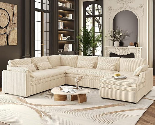 Belffin Large Modular Sectional Sofa with Deep Chaise, Corduroy U Shaped Couch with 9" Soft Dual-Layer 7 Seats Cushion for Living Room, Apartment, Beige