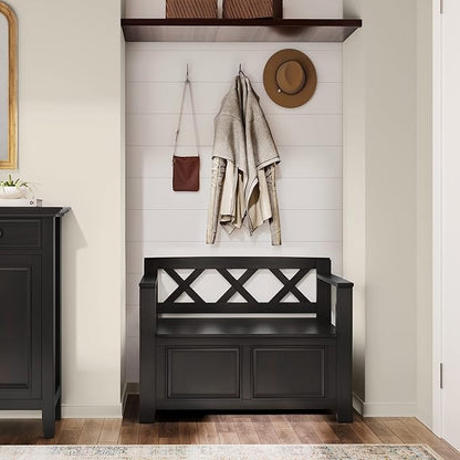 SIMPLIHOME Amherst Entryway Storage Bench - 36 inch Wide Solid Wood Small Hallway Seat in Hickory Brown, Transitional Bench for Entryway or Living Room with Lift-Up Lid and Compact Storage