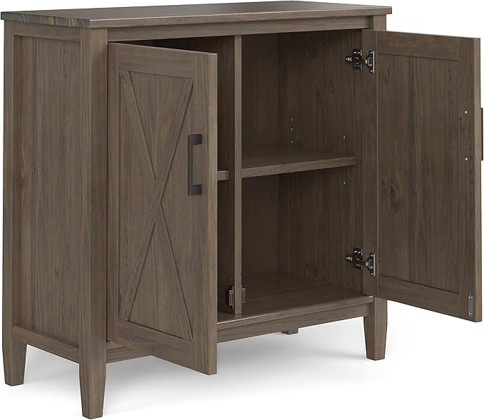 SIMPLIHOME Ela Solid Wood 32 inch Wide Transitional Low Storage Cabinet in Smoky Brown for The Living Room, Entryway and Family Room