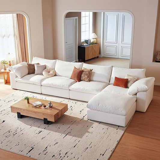 Modular Cloud Sofa, 141.7" Cloud Sectional Couches with Deep Seat, L-Shape 4-Seat Couch with Ottoman for Living Room, Modern Comfy Couch with Washable Cover, Wide Armrest (White,1 Ottoman)