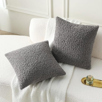 FUTEI Dark Grey Throw Pillow Covers 26x26 Inch Set of 2,Furry Faux Fur Teddy Boucle Textured Cushion Covers,Soft Fluffy Decorative Euro Pillow Shams,Home Decor for Couch Bed Living Room Office Car