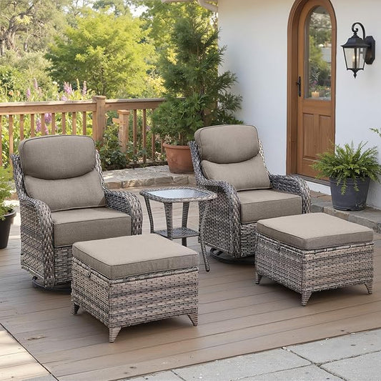Belord Luxury 6" Thick Cushioned 5 Pieces Patio Furniture Set with 2 Ottomans, Wicker Outdoor Conversation Set with High Back Swivel Rocker Patio Chairs for Deck Porch Yard and Poolside - Grey+Grey
