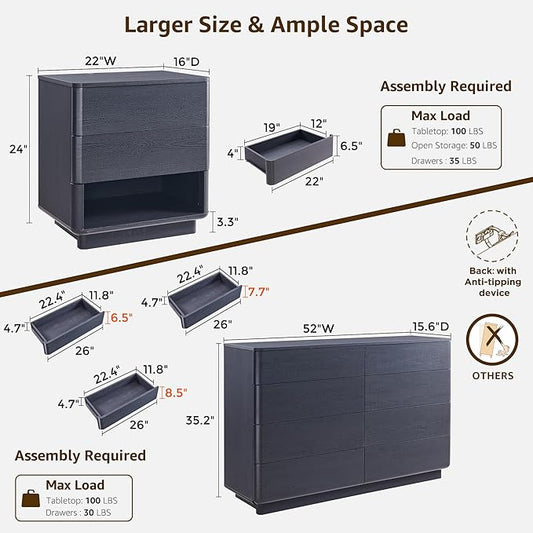 ACCOHOHO Modern Bedroom Set, 3 Pieces Bedroom Furniture Set, Wood 8 Drawer Dresser and Nightstands Set of 2, Chest of Drawers Wide Storage Organizer Cabinet for Bedroom,Black