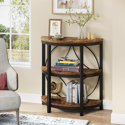 Tribesigns Half Round End Table for Living Room, 3-Tier Half Side Table with Metal Frame, Industrial Half Moon Table with Storage Shelves, Half Circle Accent Table for Entryway, Bedroom, Rustic Brown