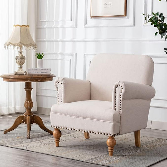 Modern Linen Accent Chairs Set of 2 Comfy Reading Chairs Upholstered Lounge Chair Single Sofa Couch for Bedroom/Living Room, Cream