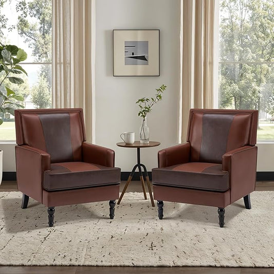 MOJAY Faux Leather Accent Chairs Set of 2, Mid-Century Modern Upholstered Lounge Armchair, Comfy Club Chair for Living Room, Bedroom, Study & Reception (Brown)