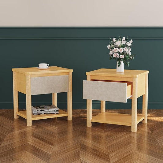 Christopher Knight Home Zeri Bedroom Nightstands Set of 2, Wood Nightstand with Drawers, Small Bedside Table Set of 2, End Table for Living Room, Multipurpose Storage Cabinet, Natural + Beige