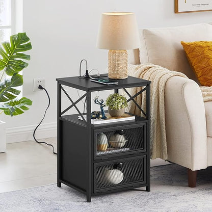 VECELO Black End Table with USB Ports and Outlets,24 Inch Nightstands with Charging Station and Storage Shelf for Bedroom,Living Room, 1 Set