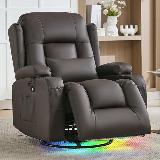 URRED Rocker Recliner Chair for Adults, 270° Swivel Glider Reclining Single Sofa with LED Ambient Light, Cup Holders and Side Pockets, Faux Leather Recliner for Living Room or Home Theater, Brown