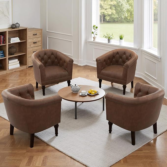 Lumibee Faux Leather Barrel Chairs, Upholstered Accent Chairs Set of 4 for Living Room, Modern Comfy Club Armchairs for Office, Bedroom, Waiting Room-Brown