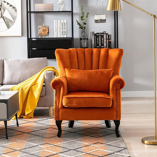 Accent Reading Arm Chairs Set of 2 Midcentury Modern Comfy Corner Sofa Chair, Wingback Waiting Room Club Chair with Tufted Back for Living Room/Bedroom/Reception Room, Velvet Orange