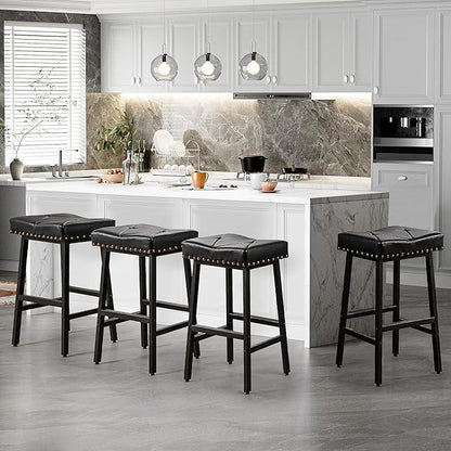 VECELO 25 inch Counter Height Stools for Kitchen Island, 3.3'' Thick PU Upholstered Saddle Seats, Backless Bar Chairs with Metal Base, Black