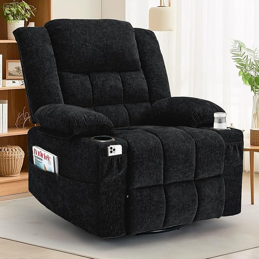 360° Rotating Adult Rocking Recliner, Baby Room Glider with Massage and Heating Functions, Rocking Chair with Cup Holder, Manual Recliner for Living and Bedroom (Fabric, Black)