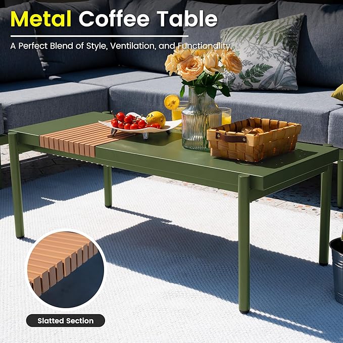 Sundale Outdoor 7 Pieces Metal Patio Furniture Set, Outdoor Sectional Sofa w/6 Inch Olefin Cushion and Coffee Table, Modern Outdoor Conversation Sets (6 Seats, Green Frame)