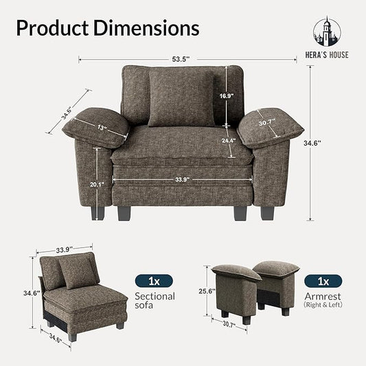 HERA'S HOUSE 54" Modular Sectional Sofa Couches for Living Room, Comfy Cloud Couch 1-Seater Deep Seat Sofa with Throw Pillow, Chenille Ash