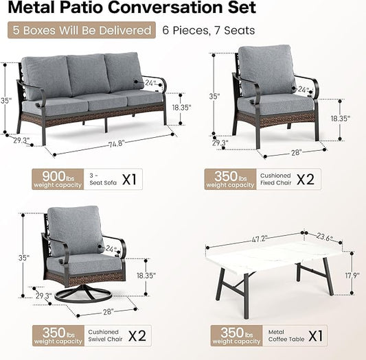 6 Piece Metal Outdoor Patio Furniture Set, Patio Conversation Set - 1 3-Seater Sofa and 2 Swivel Sofas with 5.75" Thick Cushions & Coffee Table - Black and Gray Backyard Furniture