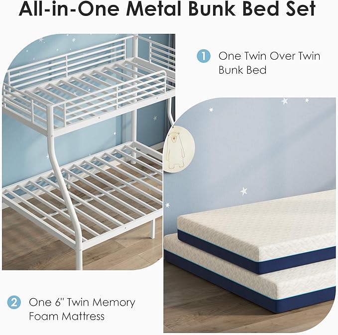 soges Twin Over Full Metal Bunk Bed Set with 6" Mattresses Included, All-in-One Bunk Bed for Adults, Heavy Duty Sturdy Bed Frame with Memory Foam Mattress, No Box Spring Needed, White