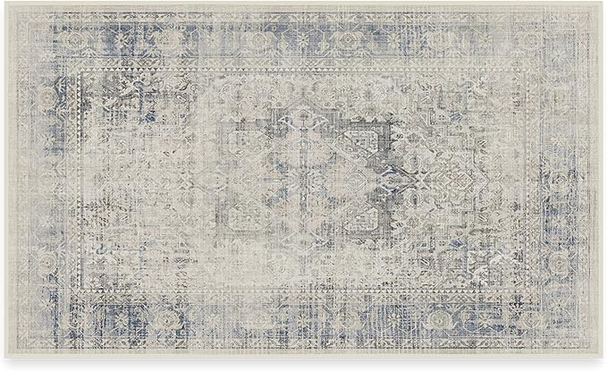 RUGGABLE Washable Vintage Area Rug – Kamran Blue Quartz 3x5, Stain-Resistant, Non-Slip – Small Machine Washable Rugs for Living Room, Bedroom, Hallway, Entryway & Office–with Standard Pad