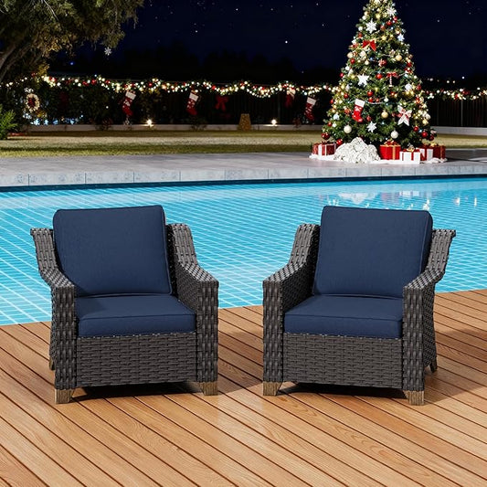 Patio 2 Pieces Wicker Chairs Set of 2，Outdoor PE Rattan Armchairs, Water-Resistant Cushions with Removable and Washable Covers, Porch, Balcony, Sunroom (Navy Blue)