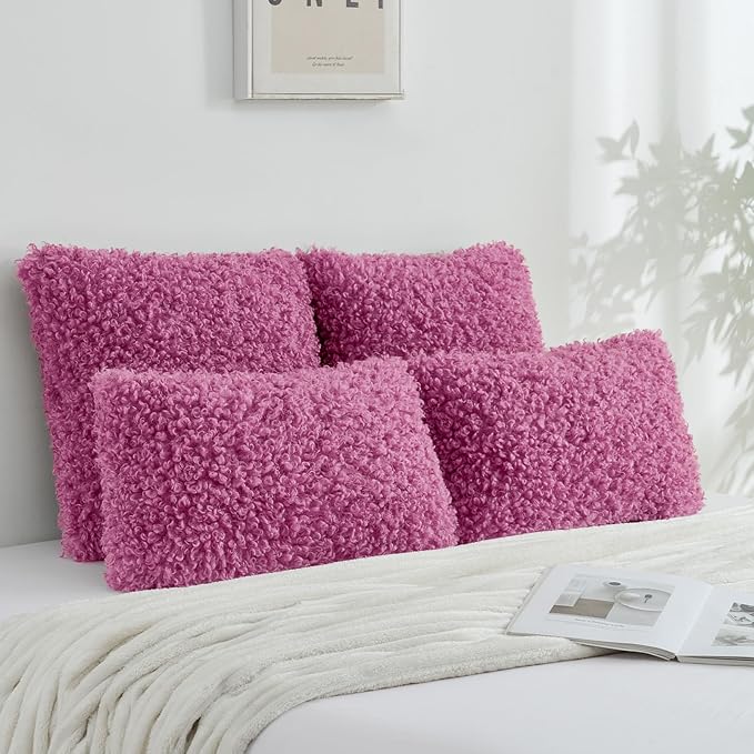 FUTEI Hot Pink Decorative Throw Pillow Covers 22x22 Inch Set of 2,Soft Fluffy Faux Wool Fur Boucle Textured Cushion Case,Modern Home Decor for Couch Bed Living Room Office