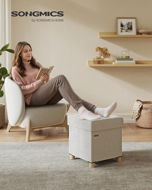 SONGMICS Small Storage Ottoman, Folding Ottoman Cube, 15 x 15 x 15.7 Inches, Footstool, Footrest, 9.8 Gal. (37 L), Velvet Surface, for Bedroom, Living Room, Dorm, Cappuccino Beige ULSF0516W02