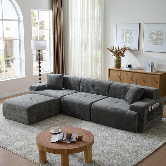 LIDYUK 118" Modern L-Shaped Boneless Couch Modular Sectional Sofa for Living Room, Chenille Upholstery Grey, Oversized 3-Seater Sectional Couch with Deep Seat and Movable Ottoman, No Assembly