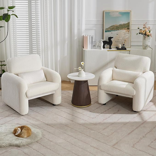 Corduroy Fabric Accent Chairs Set of 2, Modern Upholstered Living Room Chairs with Lumbar Pillow, Wide Comfy Leisure Armchair for Bedroom, Office, Reading, White